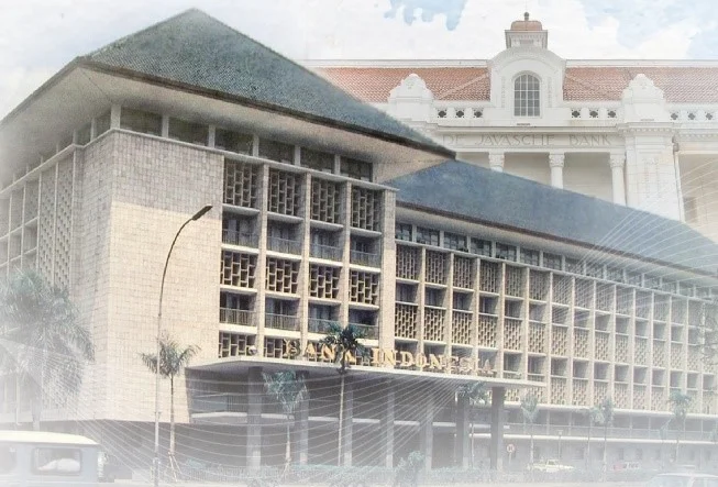 foto arsip Gedung Bank Indonesia Thamrin beratap perisai lebar dengan fasad roster