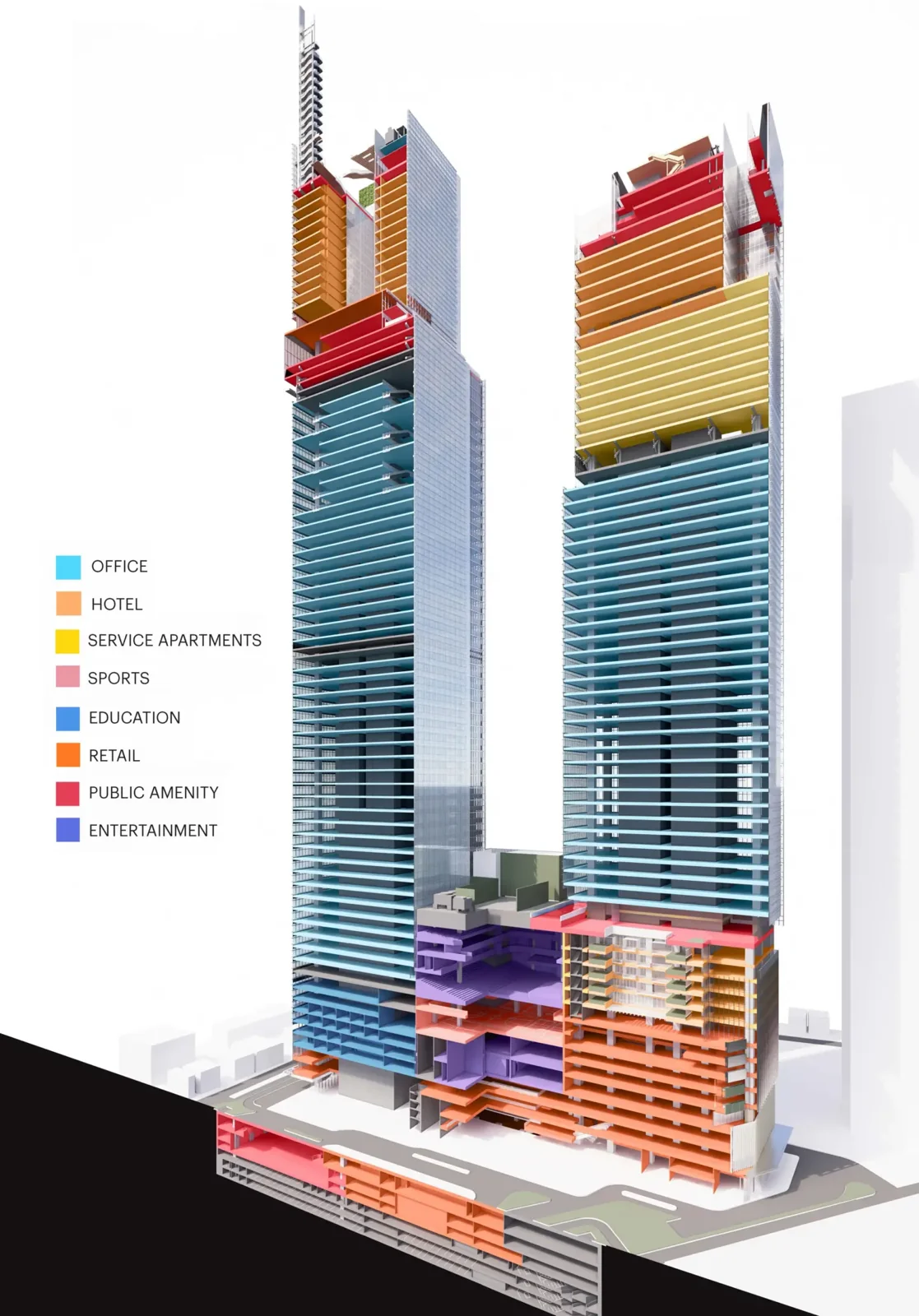 diagram potongan Autograph Tower dan Luminary Tower dengan warna berbeda untuk kantor, hotel, hunian, dan ritel