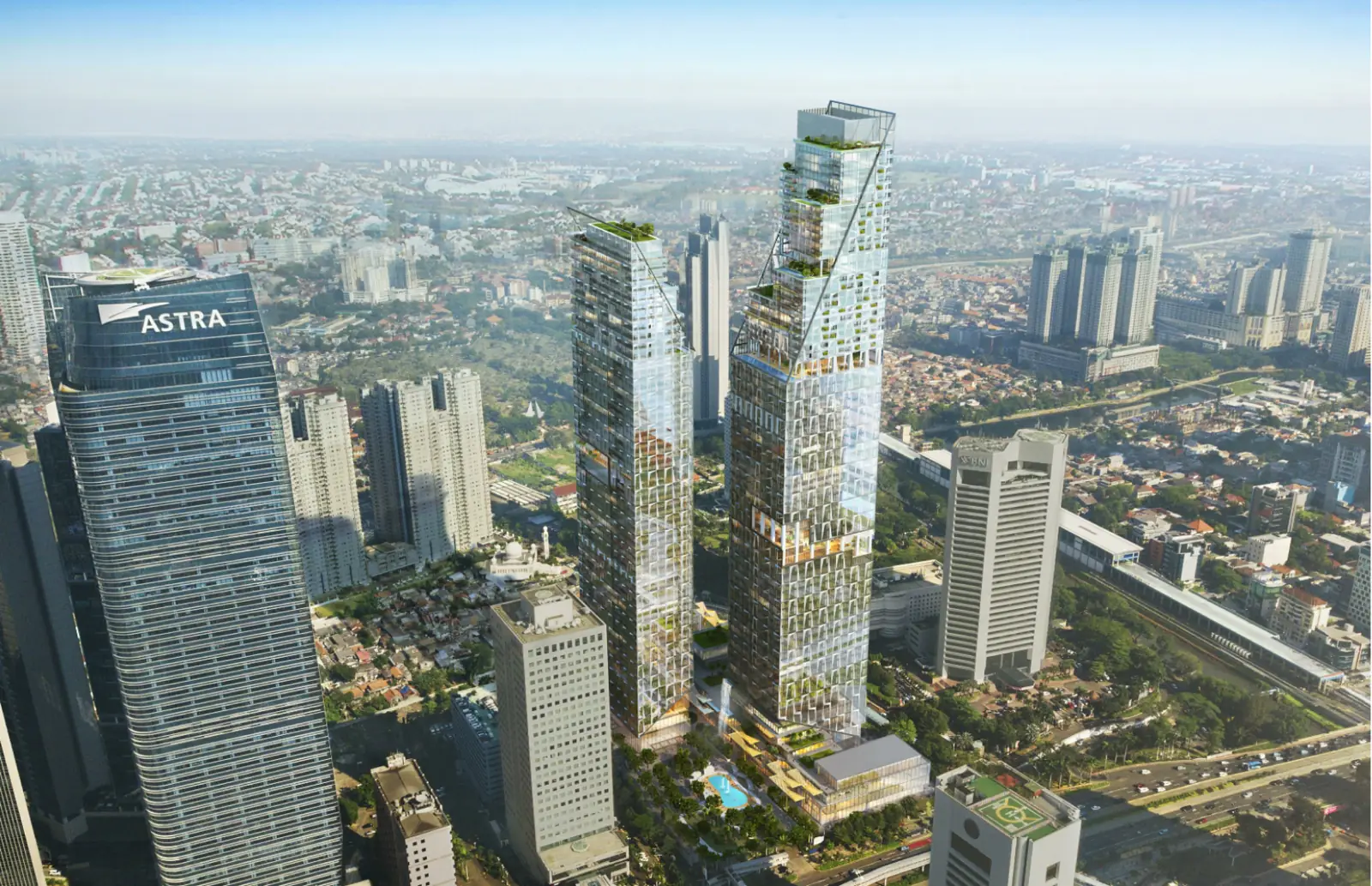 render dua menara Oasis Central Sudirman di antara gedung Sudirman