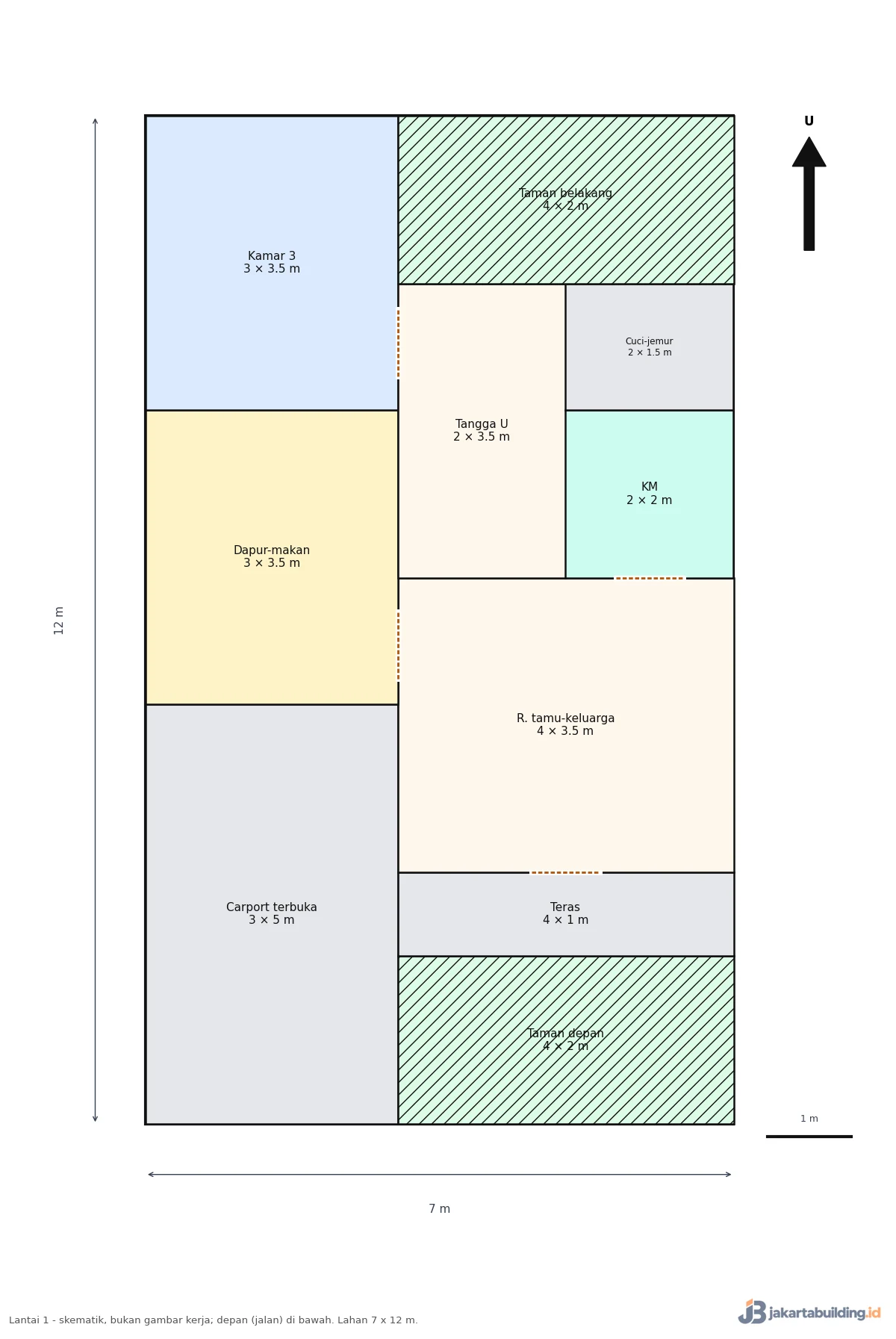 Denah lantai 1 rumah 2 lantai minimalis modern lahan 7x12 m dengan carport, dapur-makan, dan kamar 3