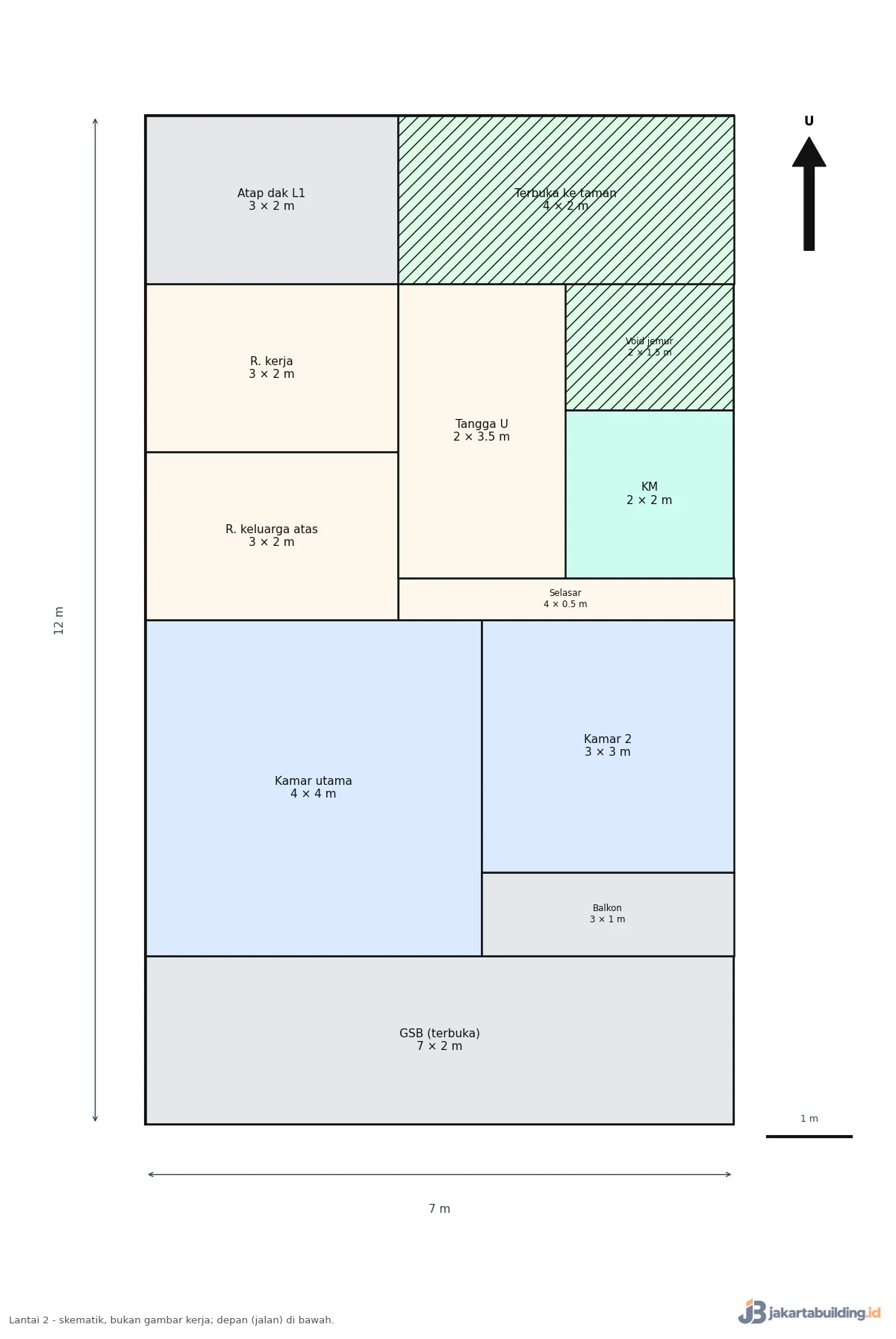 Denah lantai 2 dengan kamar utama, kamar 2, balkon, dan void jemur di lahan 7x12 m