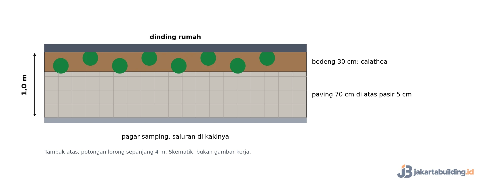 Tampak atas pola 2: bedeng 30 cm dan paving 70 cm di lorong 1 m