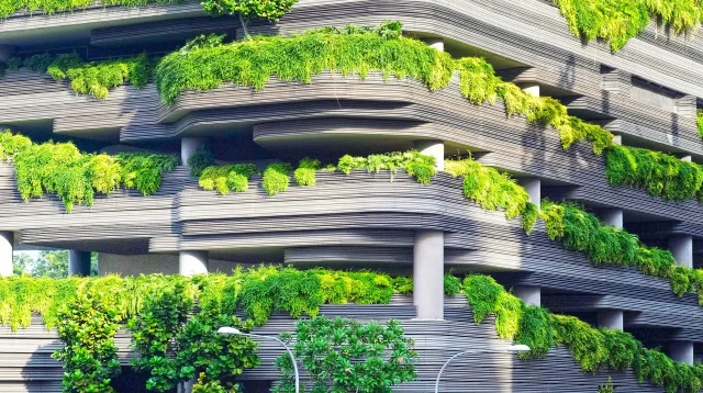 gedung beton yang dipenuhi pepohonan