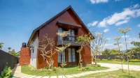 Halaman rumput rumah dengan jalur paving di depan rumah kayu