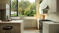 Kitchen set bentuk L dengan kabinet atas dan bawah tanpa handle
