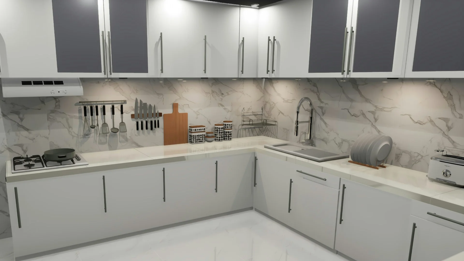 kabinet dapur putih dengan meja marmer