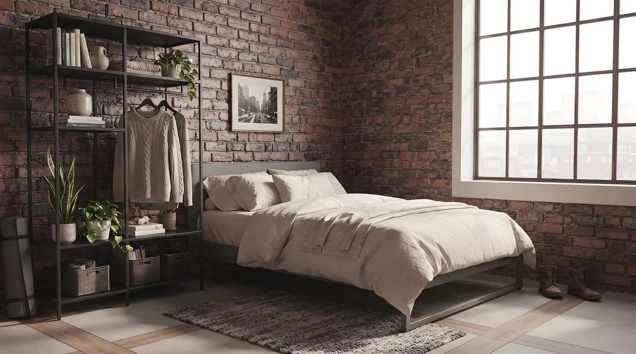 kamar tidur industrial dengan dinding bata