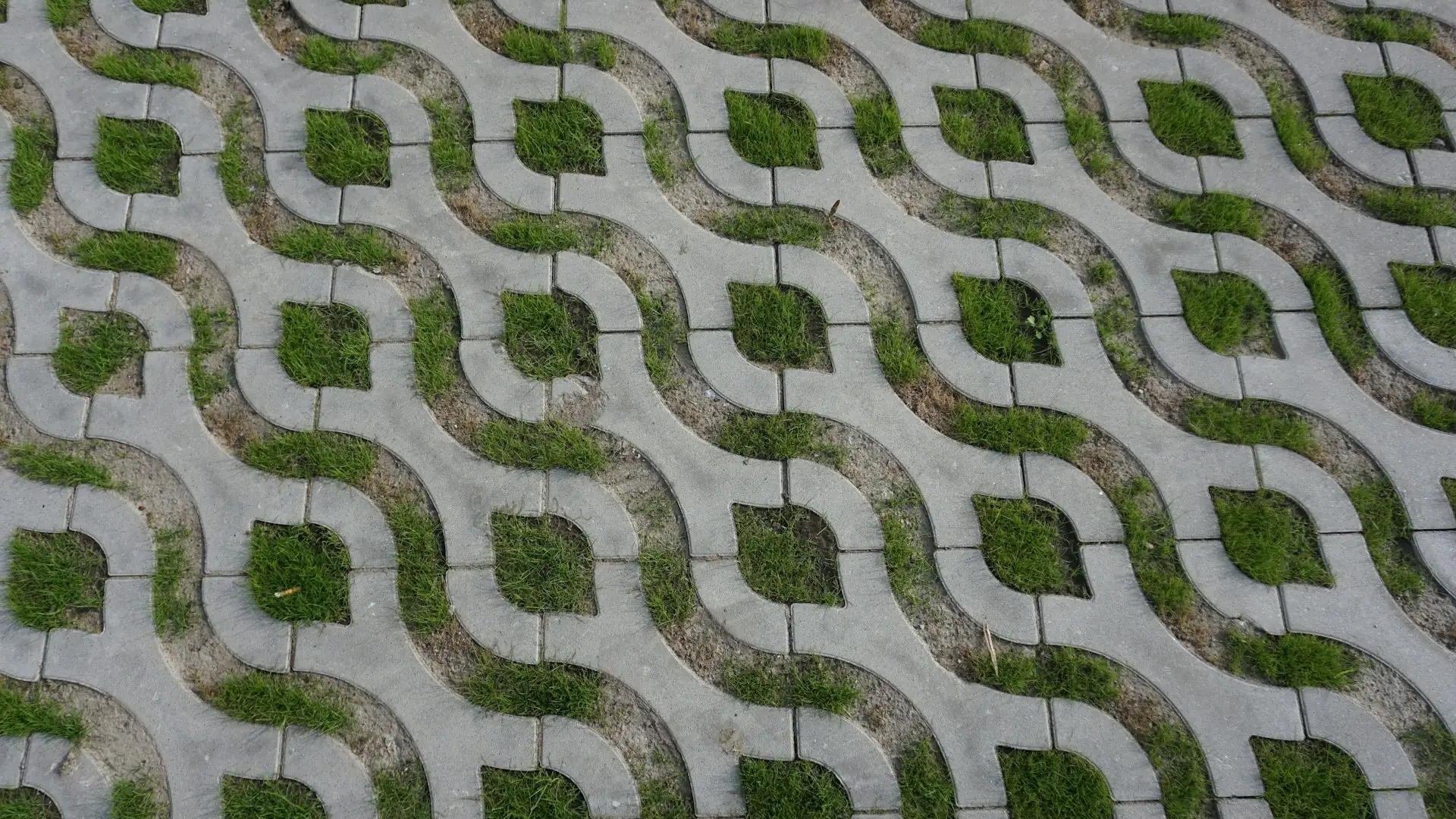 Lantai grass block beton bermotif gelombang dengan rumput tumbuh di celahnya