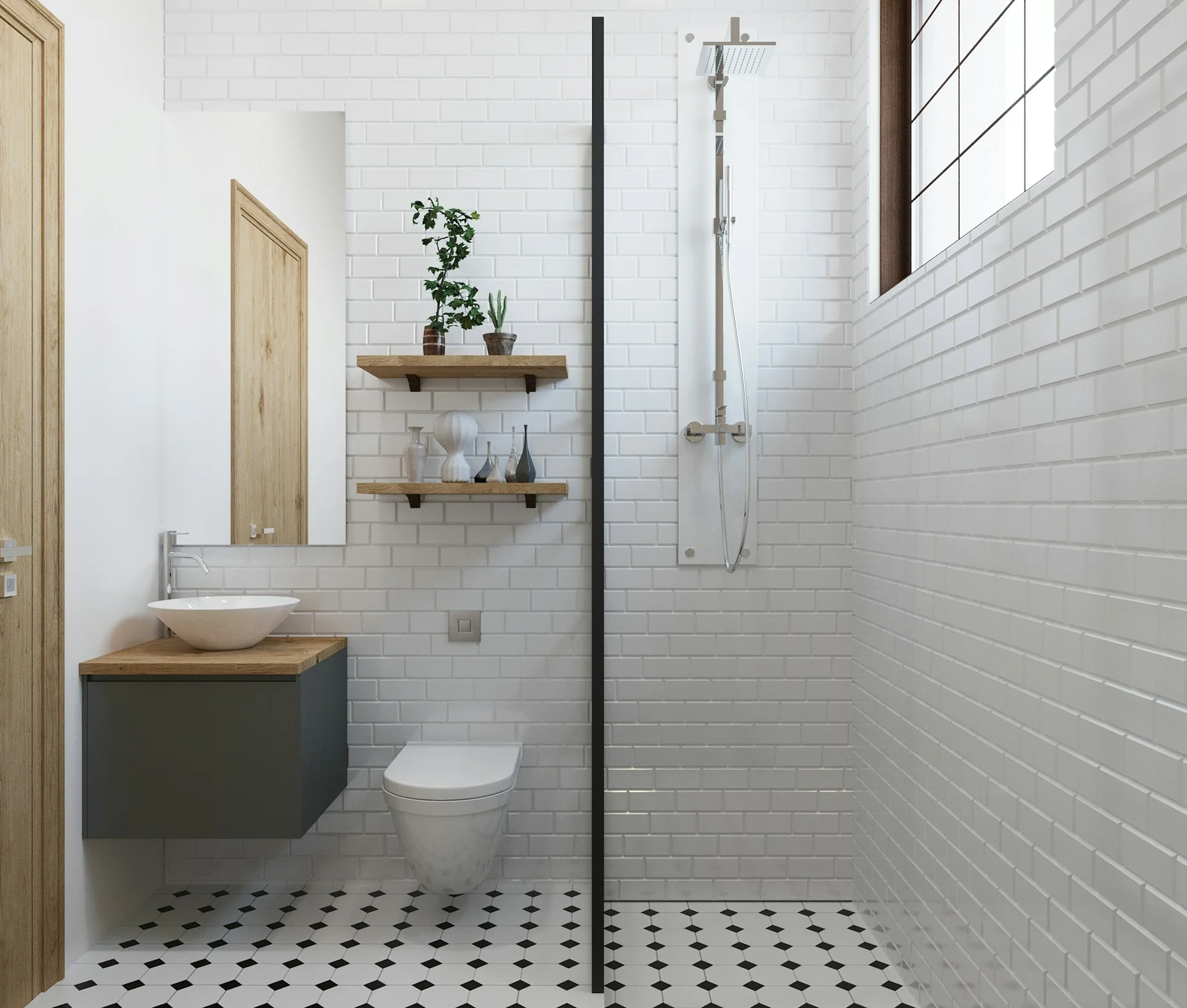 Kamar mandi kecil dengan partisi shower, kloset gantung, dan wastafel di atas kabinet