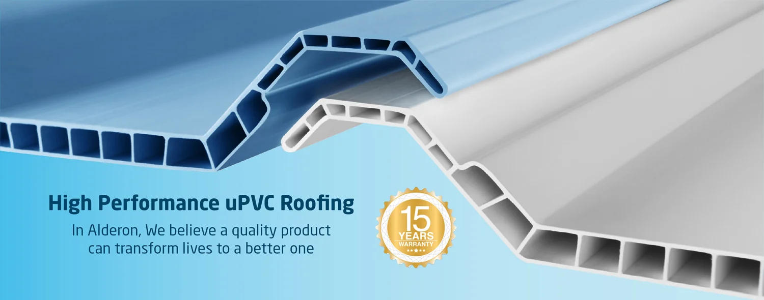 Penampang lembaran atap uPVC Alderon Twinwall berongga warna biru dan putih