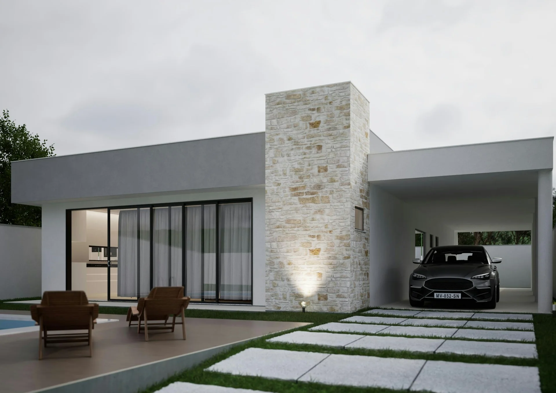 Render rumah modern dengan carport atap beton datar dan mobil abu-abu