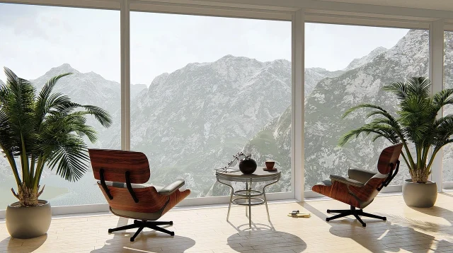 ruang tamu terang dengan sofa dan tanaman