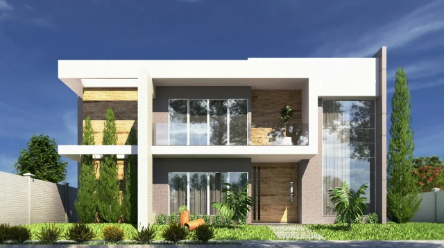 Render 3D fasad rumah 2 lantai minimalis modern berwarna putih dan abu dengan atap datar, jendela kaca besar, dan balkon