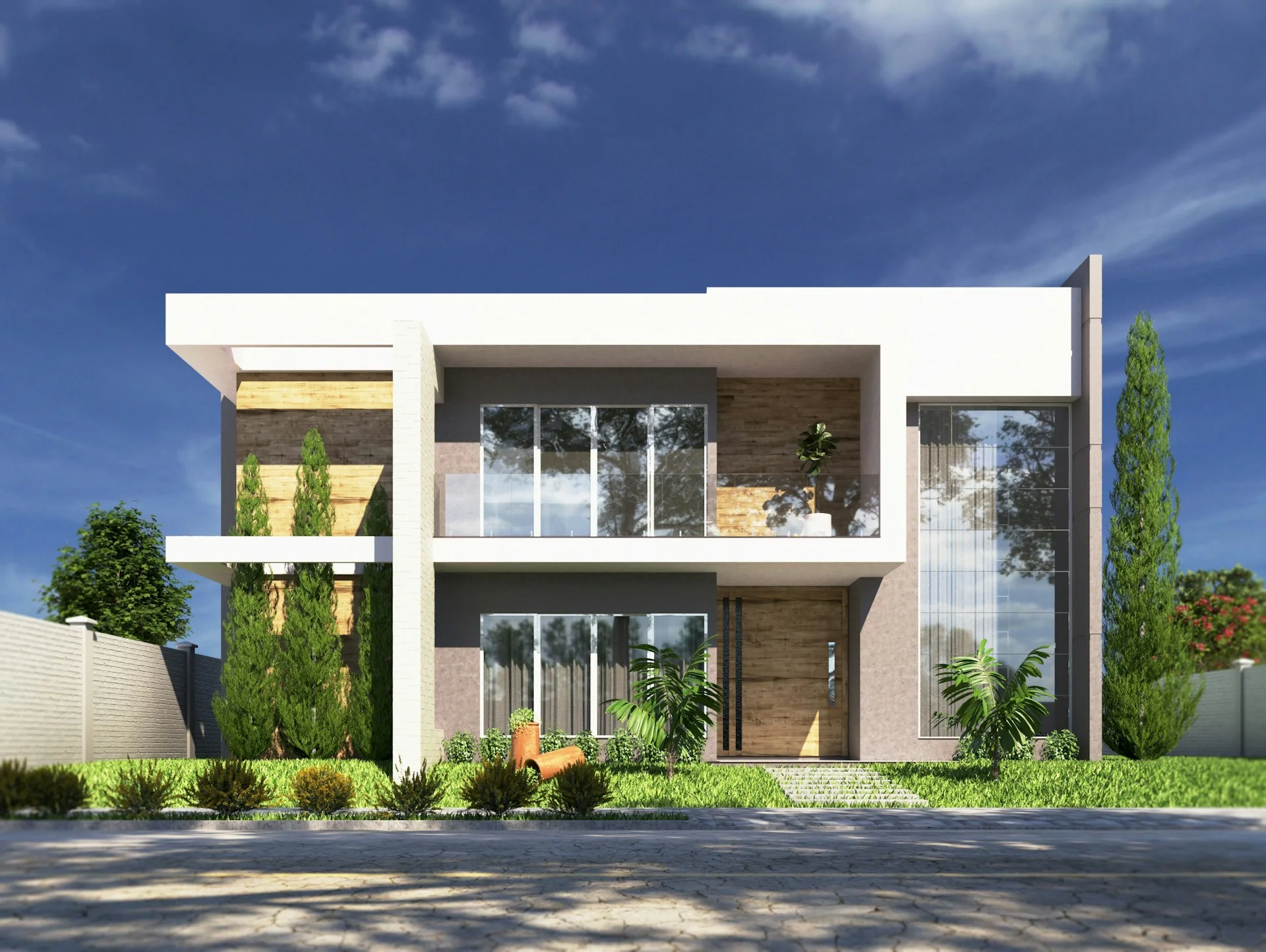 rumah-2-lantai-minimalis-modern-fasad-putih Render 3D fasad rumah 2 lantai minimalis modern berwarna putih dan abu dengan atap datar, jendela kaca besar, dan balkon