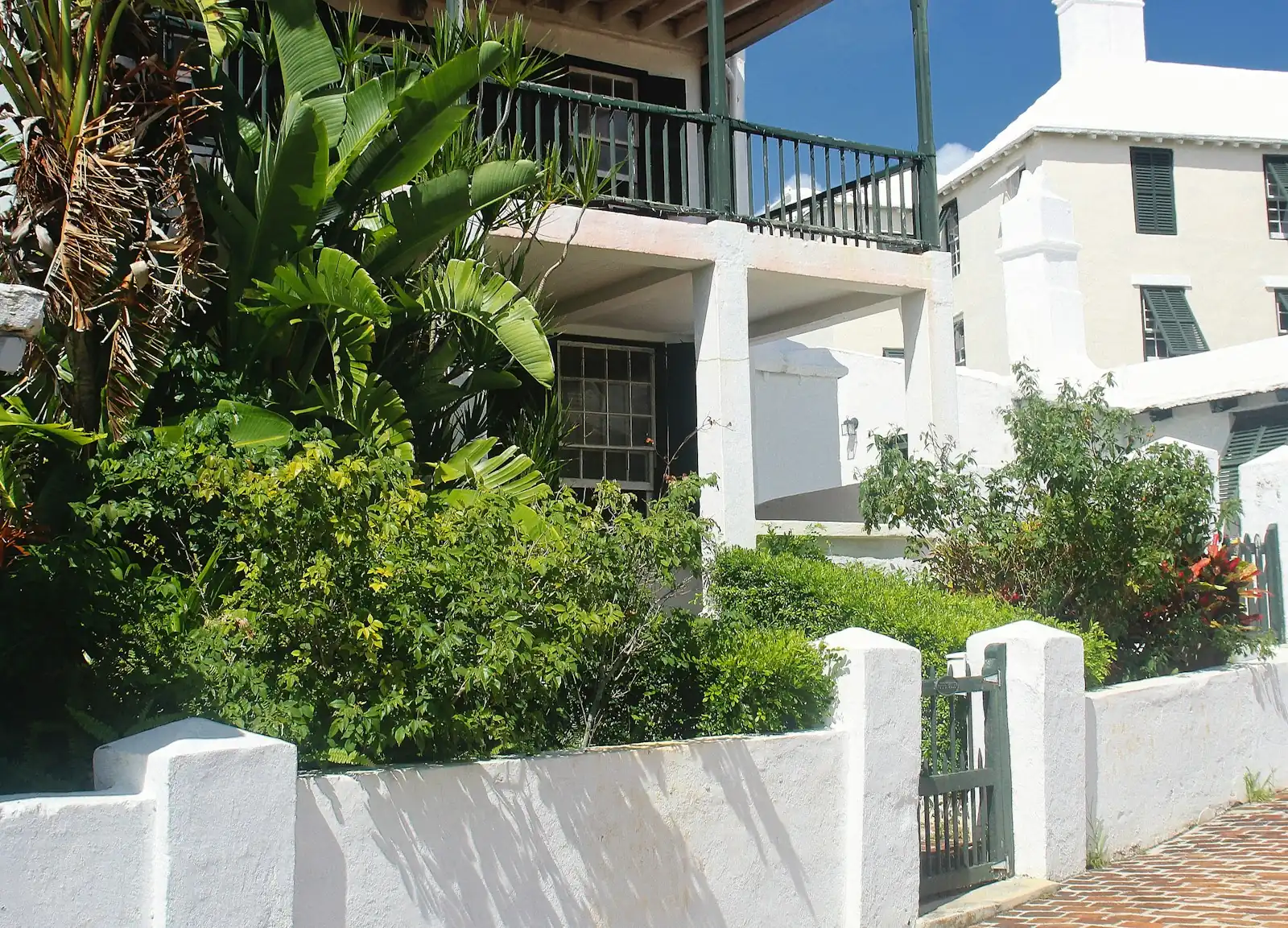 rumah bercat putih dengan taman tropis