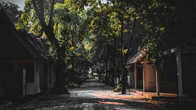 Jalan berpaving teduh diapit rumah-rumah lama beratap genteng
