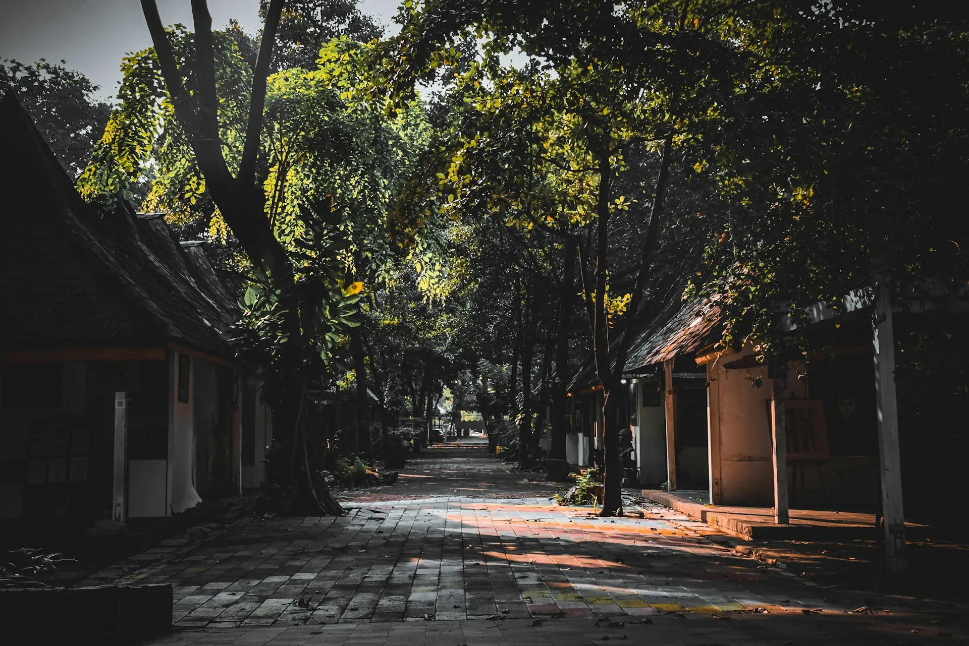 Jalan berpaving teduh diapit rumah-rumah lama beratap genteng