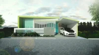 rumah tropis modern 1 lantai dengan roster, kisi vertikal, dan carport beratap
