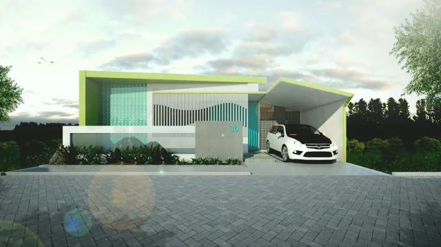 rumah tropis modern 1 lantai dengan roster, kisi vertikal, dan carport beratap