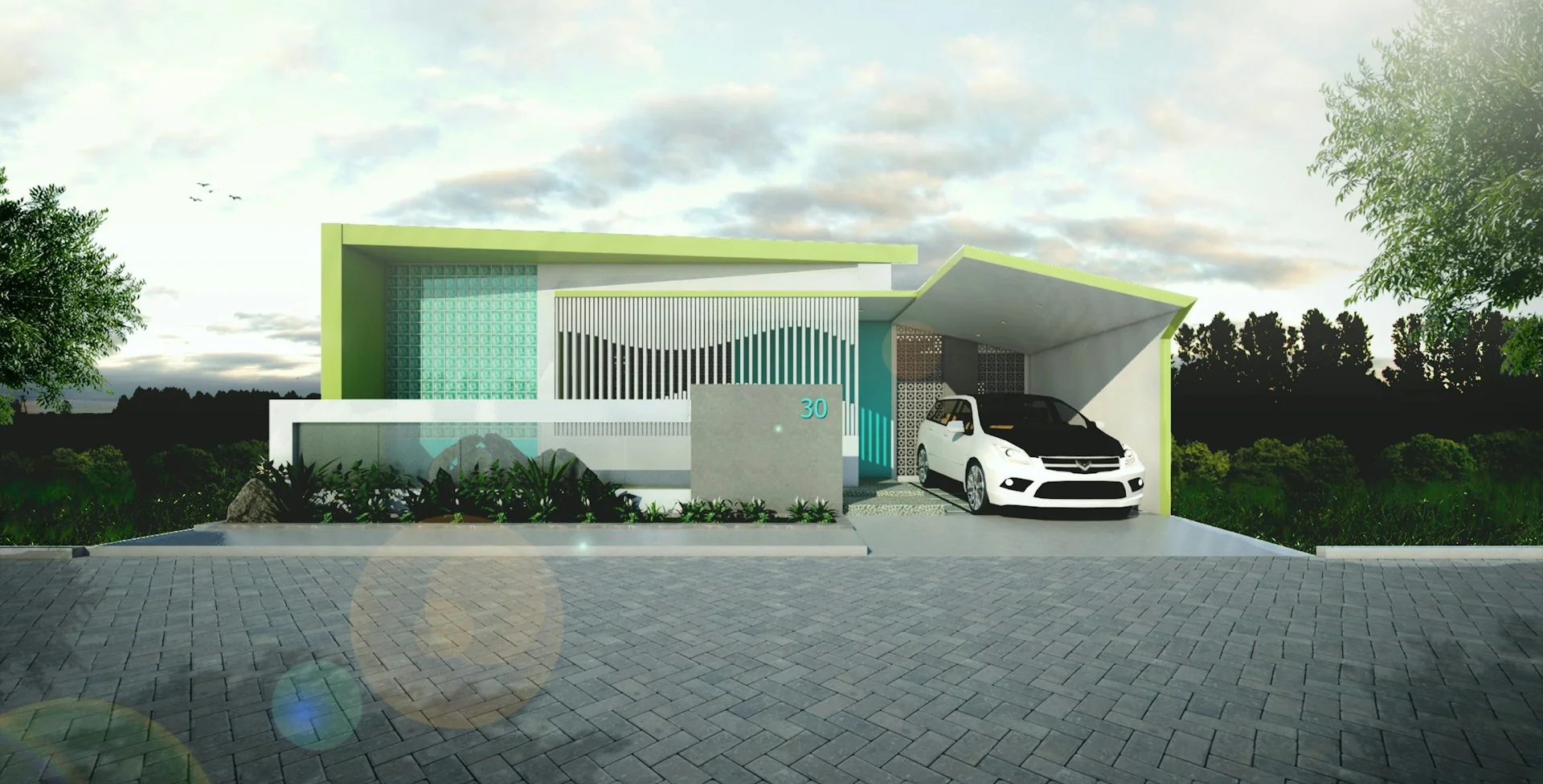 rumah-tropis-modern-1-lantai-hans rumah tropis modern 1 lantai dengan roster, kisi vertikal, dan carport beratap