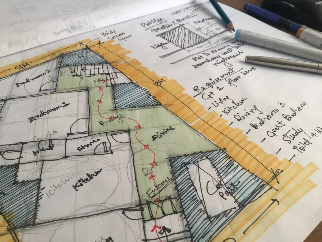 sketsa denah rumah dengan tangan