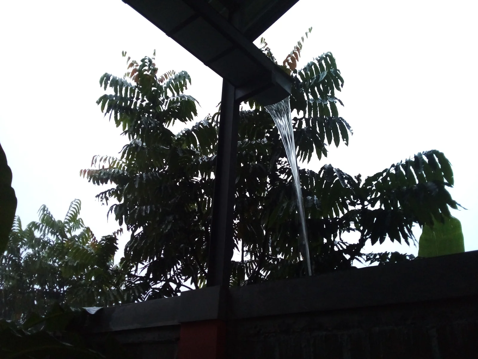 air hujan mengalir dari talang di tepi atap rumah