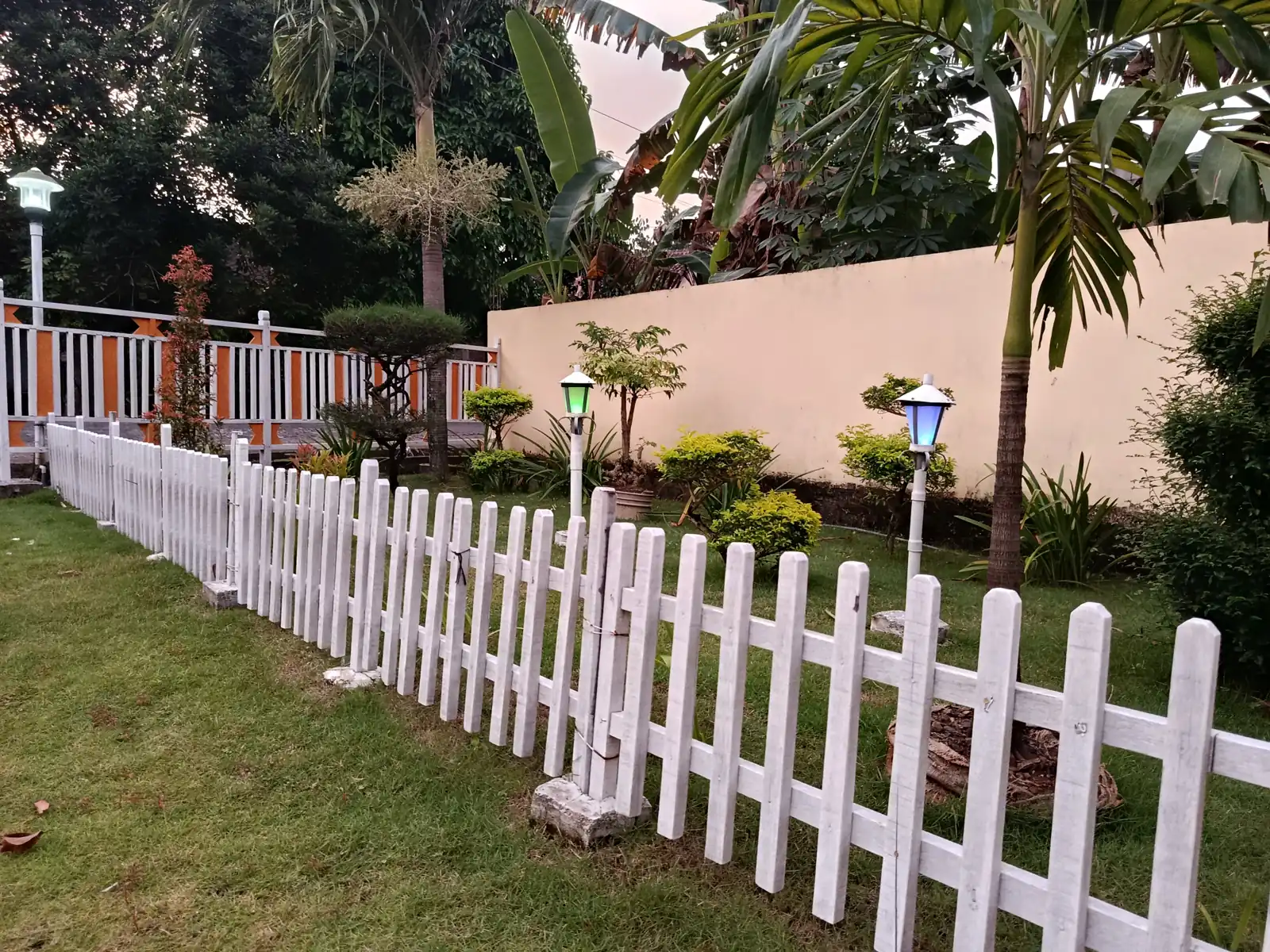 taman depan rumah berumput dengan pagar kayu putih dan tanaman perdu