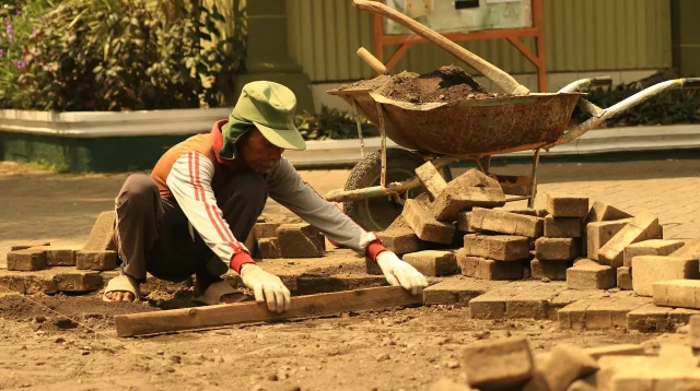 upah tukang jabodetabek: tukang berjongkok memasang bata paving dengan papan perata di samping gerobak dorong
