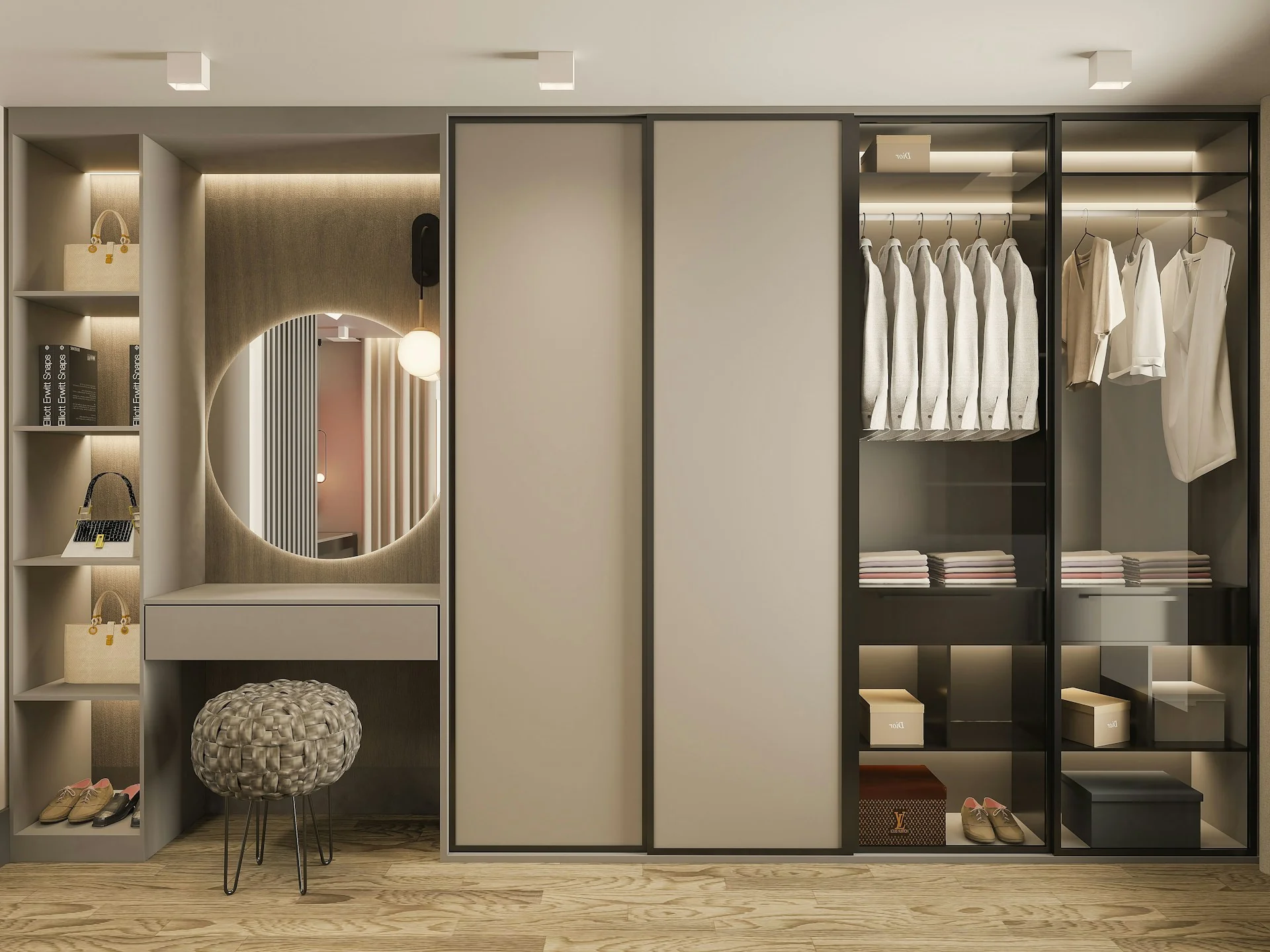 walk in closet dengan cermin dan bangku